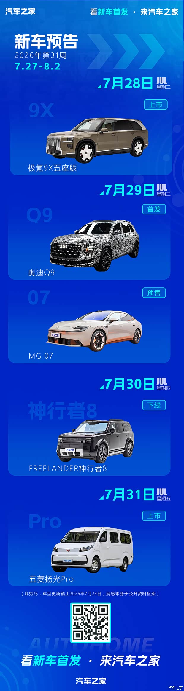 极氪9X五座版/奥迪Q9等 2026年第31周(7.27-8.2)新车预告
